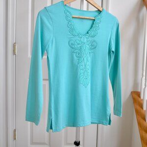 Talbots Aqua Blue Women's Long-Sleeve Top with Floral Embroidery Petite NWOT